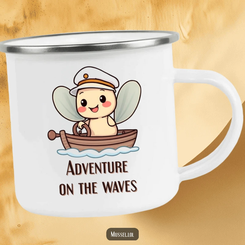 Funny Camping Mug: A smiling mussel character in a sailor hat steering a boat, perfect for outdoor nautical humor lovers.