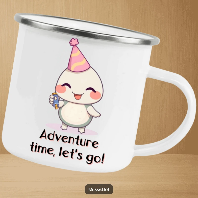 Funny Mussel Camping Mug with a party mussel character, hat, and noisemaker, perfect for cheerful outdoor drinking, a fantastic funny gift.