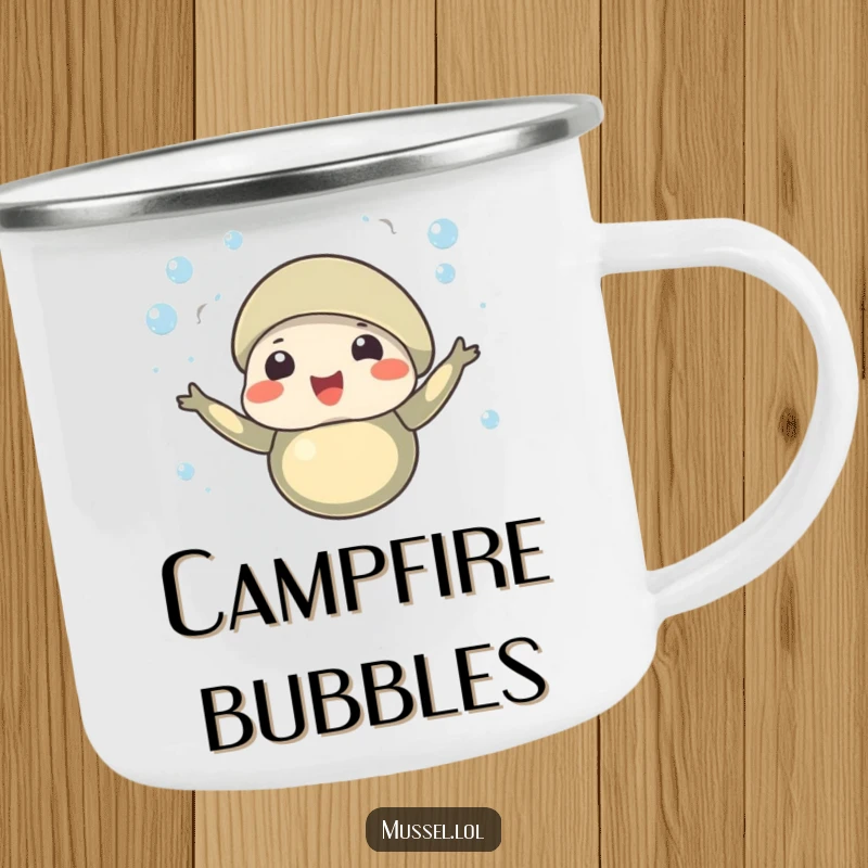Funny camping mug with a celebratory mussel character with tiny bubbles rising around it, a durable and humorous drinkware.