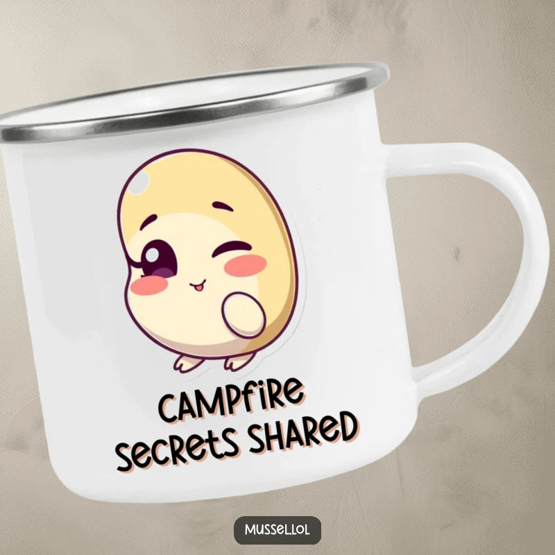 Funny camping mug with a mussel character winking with one eye slightly ajar, ideal for outdoor humor and playful moments.