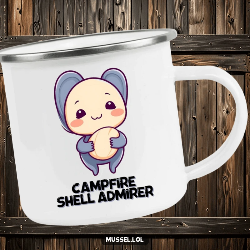 Funny mussel with a shy grin, holding a seashell, on a sturdy camping mug, for quiet outdoor moments.