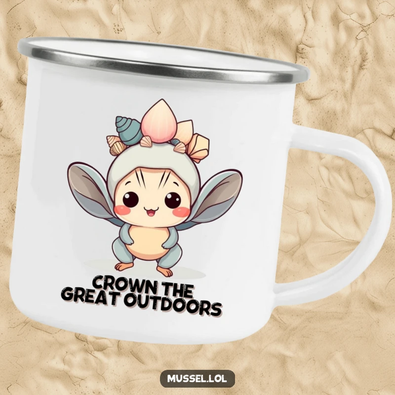 Funny Kawaii Mussel Camping Mug: A cute mussel character wears a shell crown, offering a humorous and durable travel mug.