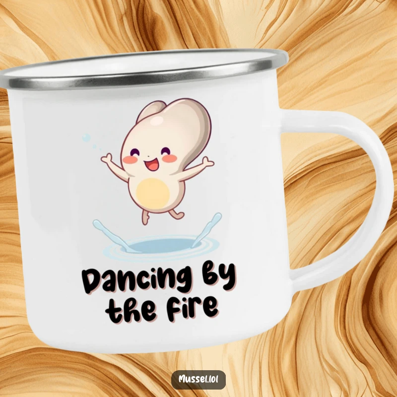 Funny mussel camping mug with a character joyfully dancing with little legs and a tiny splash, designed for outdoor fun.