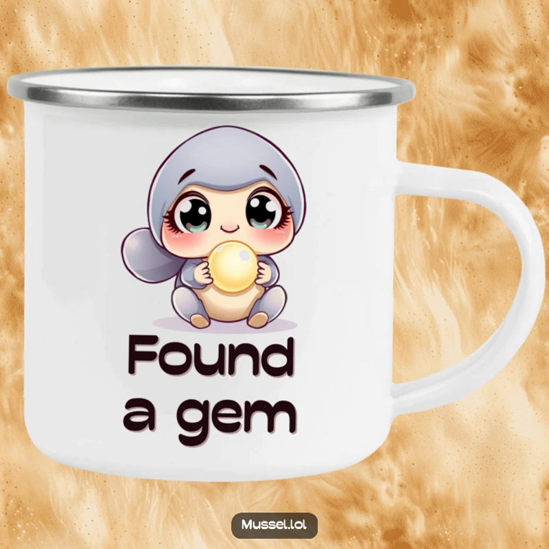 Funny Surprised Mussel Camping Mug depicting a mussel's wide-eyed shock at discovering a pearl, designed for durable outdoor humor and enjoyment.