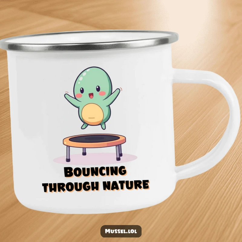 Funny mussel character bouncing on a small trampoline on a rugged camping mug.