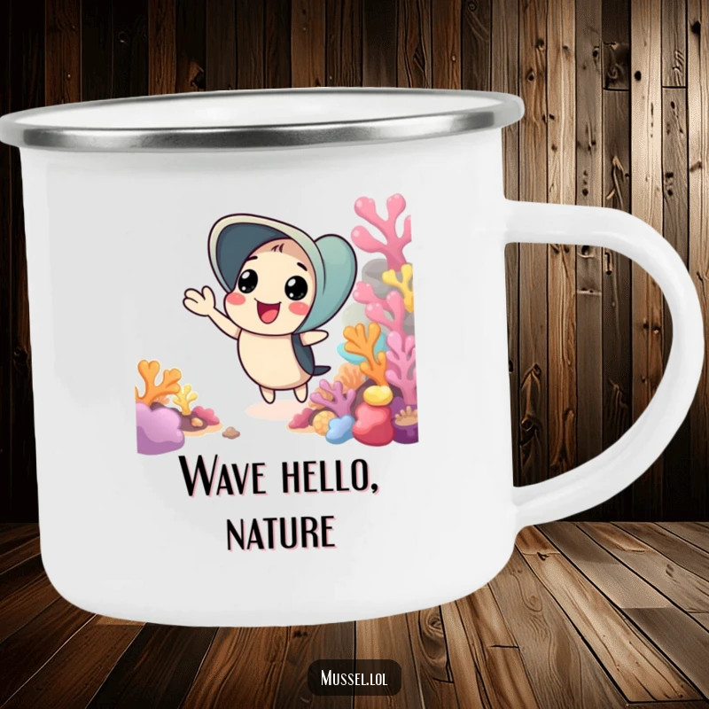 Funny camping mug with a mussel cheerfully waving from a colorful coral reef, perfect for friendly outdoor enjoyment.