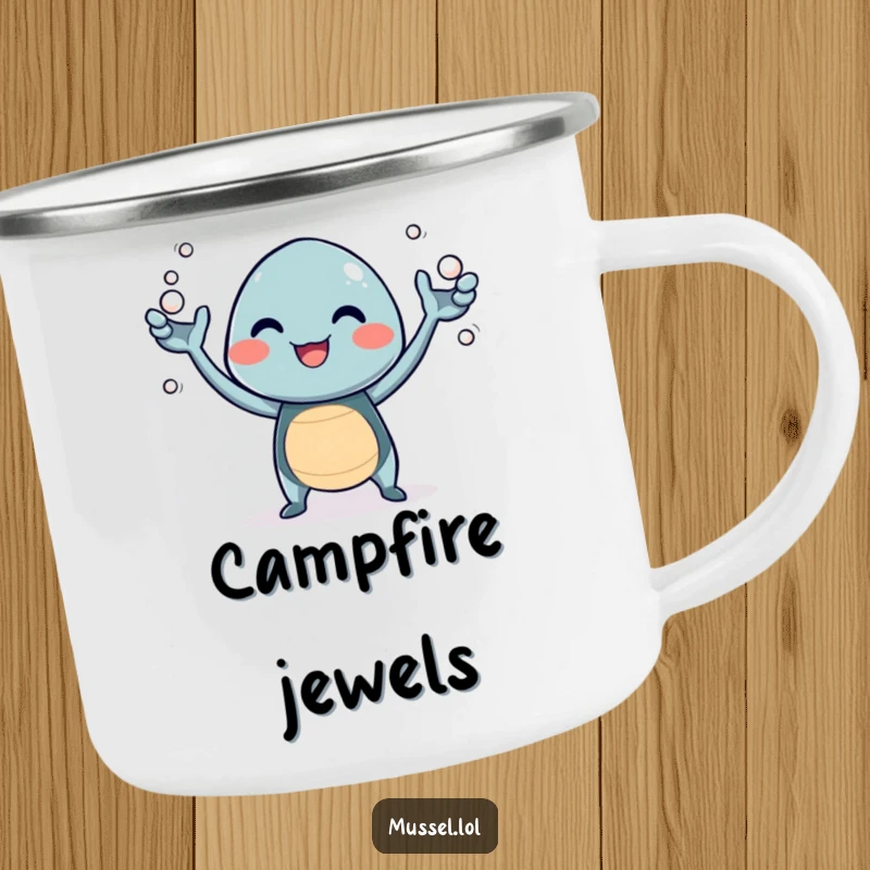 Funny camping mug featuring a giggling mussel character juggling tiny pearls, perfect for outdoor enjoyment and smiles.