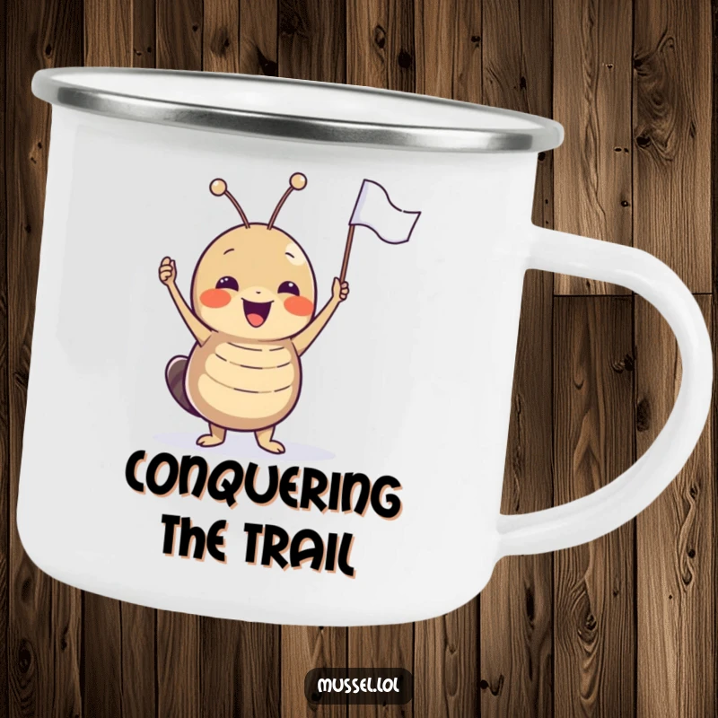 Funny joyful mussel character excitedly waving a tiny flag, a durable and humorous camping mug.