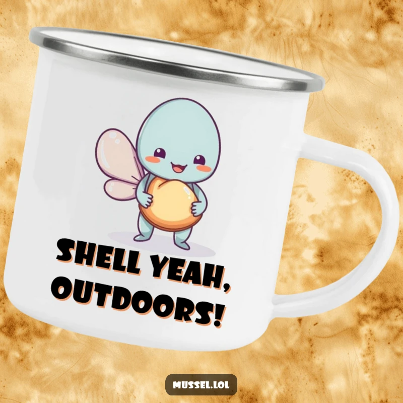 Funny Mussel Camping Mug featuring a friendly mussel offering a shell, perfect for outdoor use and humorous gifting.