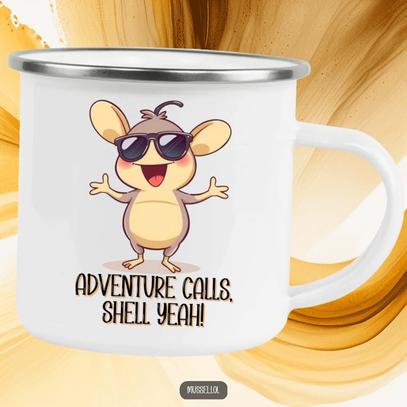 Funny camping mug with an excited mussel wearing sunglasses, dancing a jig, designed for adventurous spirits and humorous enjoyment.