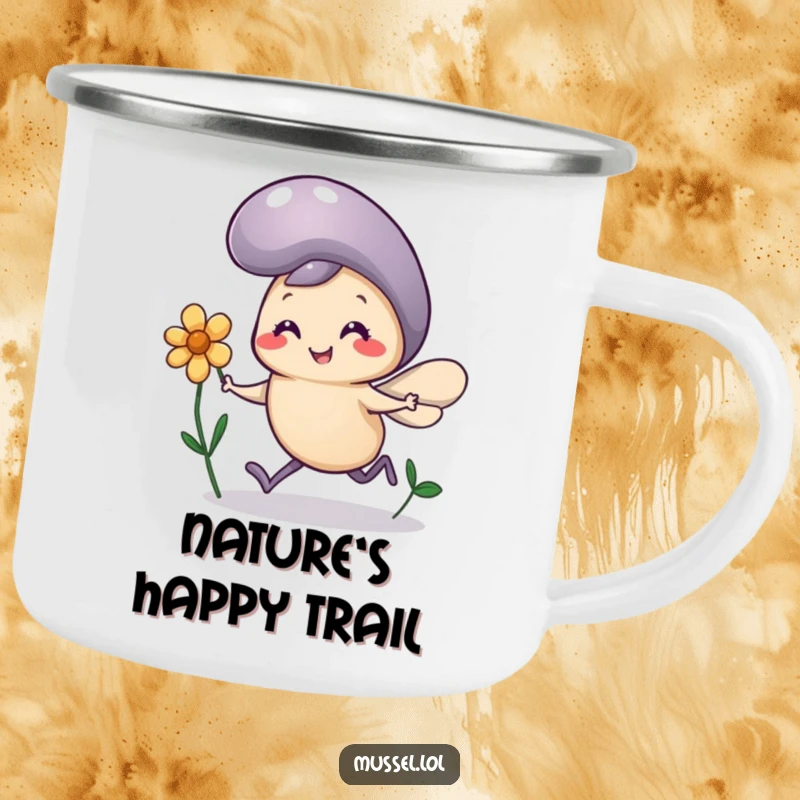 Funny Mussel Flower Camping Mug: A mussel character with comically tiny legs runs joyfully with a flower, a durable outdoor cup.