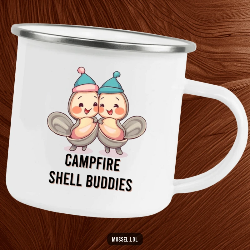 Funny mussels with jaunty caps, bumping shells playfully, on a sturdy camping mug, for friends adventuring together.