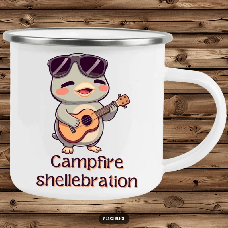 Funny Mussel Camping Mug: A sunglasses-wearing mussel plays a tiny ukulele, perfect for outdoor adventures and musical fun.