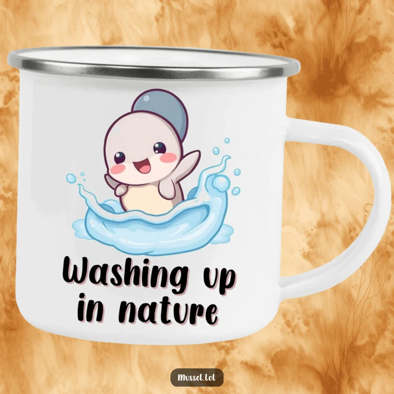Funny Mussel Wave Splash Camping Mug: A sturdy mug showing a mussel character splashing playfully in a tiny ocean wave, perfect for camping trips.