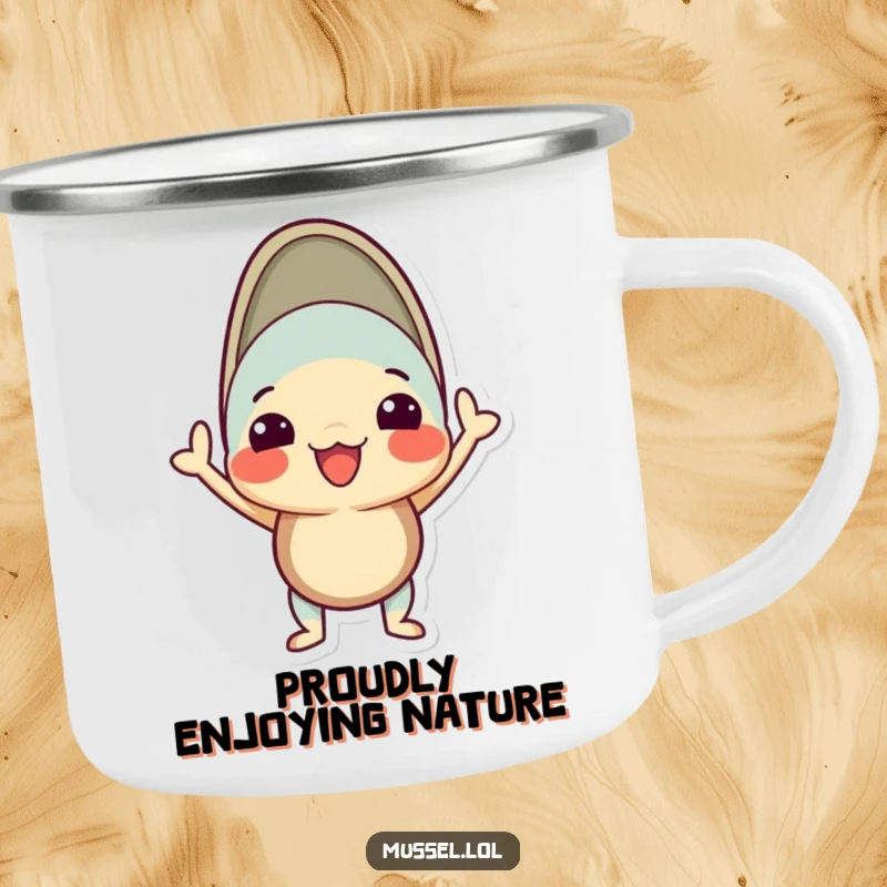 Funny mussel camping mug with a character in a proud, silly pose with its shell open, designed for outdoor confidence.