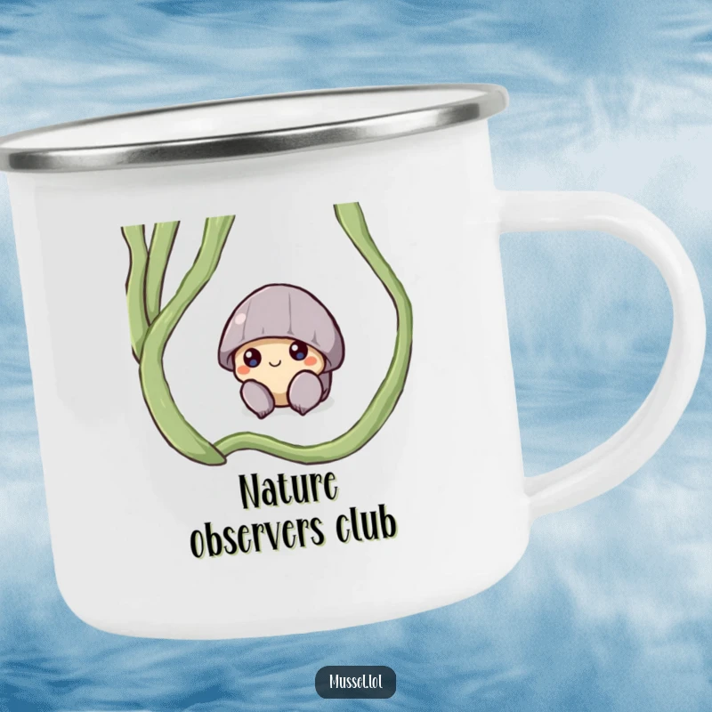 Funny camping mug featuring a shy mussel character peeking from under a seaweed frond, perfect for quiet outdoor moments.