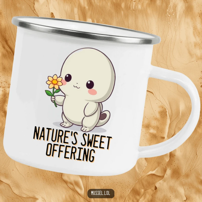 Funny Mussel Camping Mug: A shy mussel character offering a flower with a bashful smile, perfect for enjoying nature with sweet humor.