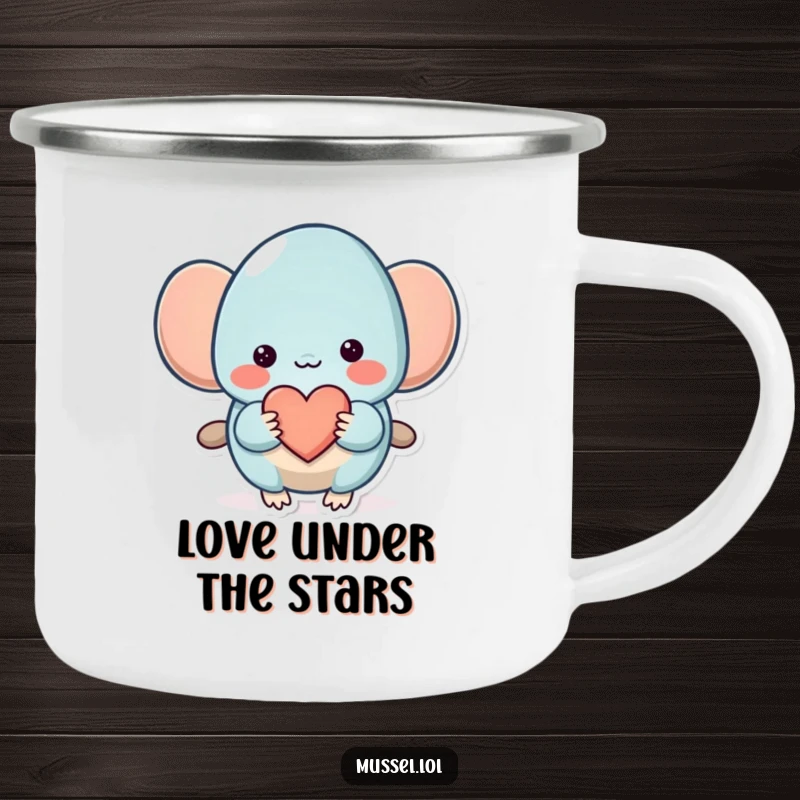 Funny Mussel Camping Mug: A shy mussel offering a heart on a durable mug, ideal for sharing love and humor outdoors.