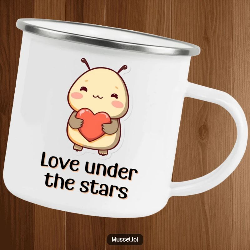 Funny camping mug with a shy mussel blushing and holding a heart, designed for outdoor warmth and humorous expressions of love.