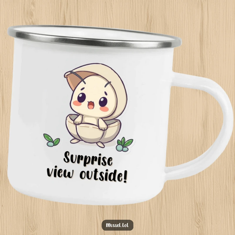 Funny camping mug with a mussel peeking from its shell in surprise, designed for outdoor enjoyment and humorous reactions.