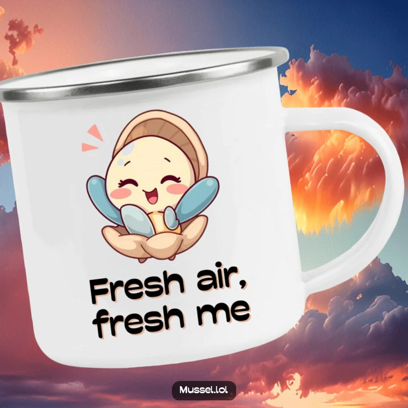 Funny camping mug featuring a mussel winking and popping out of its shell with a flourish, adding humor to outdoor trips.