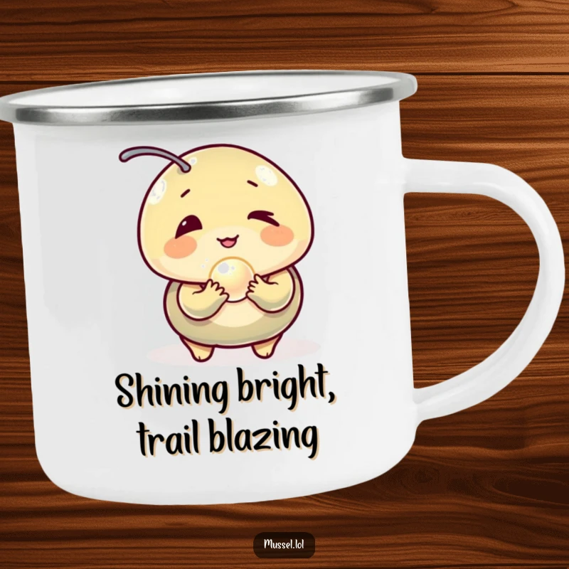 Funny Mussel Camping Mug: A winking mussel with a pearl on a durable mug, ideal for hilarious outdoor excursions.