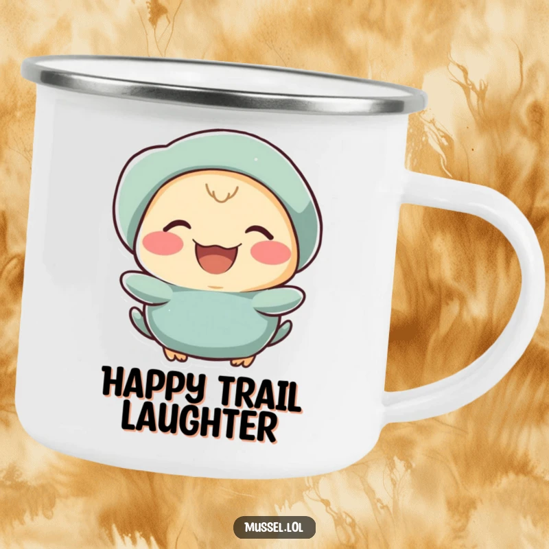 Funny mussel character laughing heartily on a rugged camping mug.