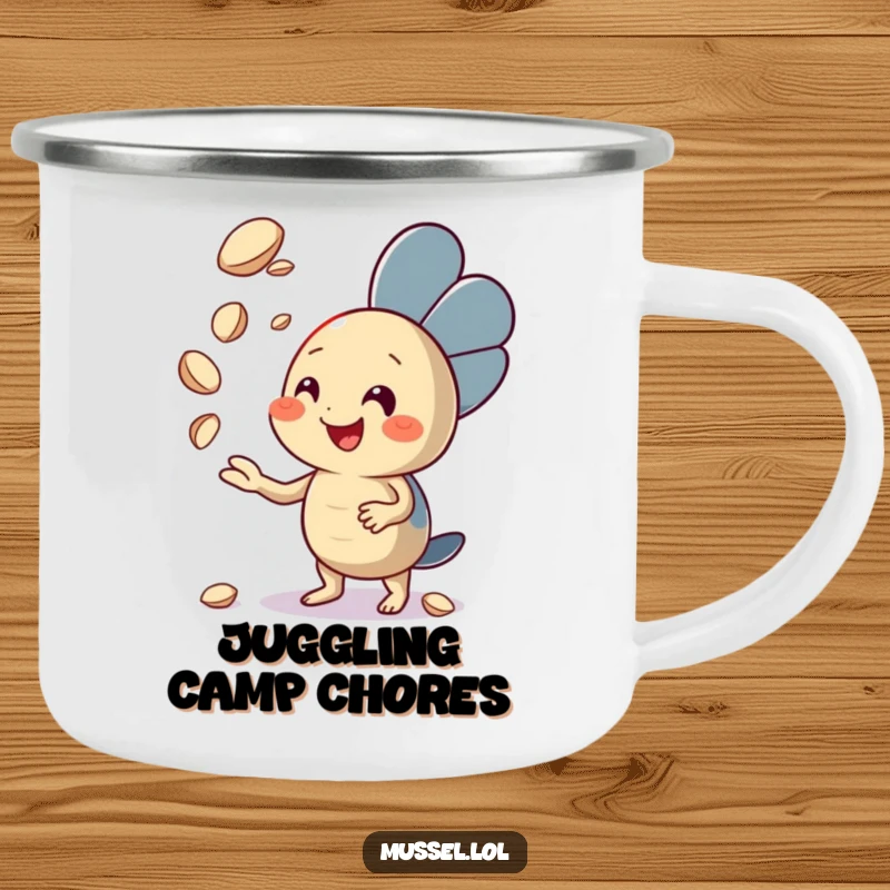 Funny Mussel Camping Mug with an enthusiastic mussel character juggling seashells, perfect for cheerful outdoor drinks, a fantastic funny gift.