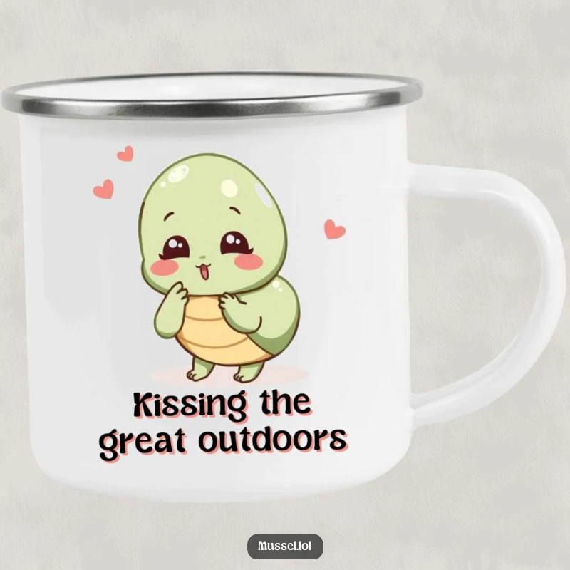 Funny Mussel Camp Mug: A mussel character blowing a kiss, ideal for humorous outdoor moments and sending love.