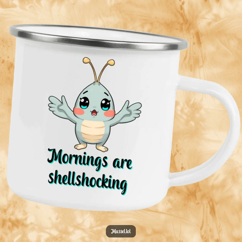 Funny enamel camping mug featuring a surprised mussel character, arms wide in a comical expression of shock, ideal for outdoor use.
