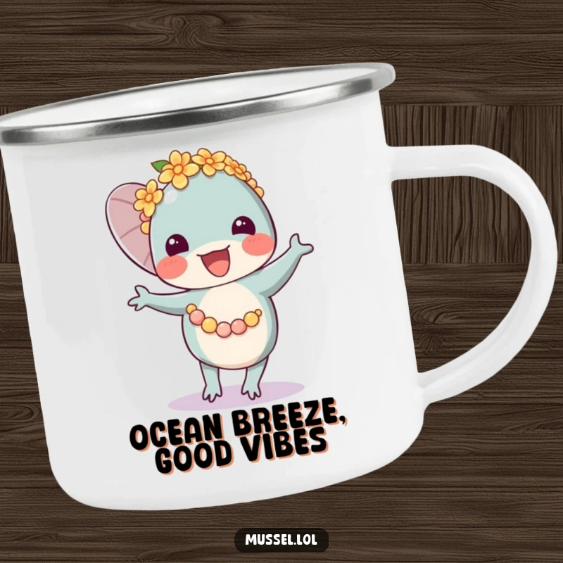 Funny Mussel Lei Dancer Camping Mug featuring a joyful mussel character in a flower lei, ready for outdoor adventures.
