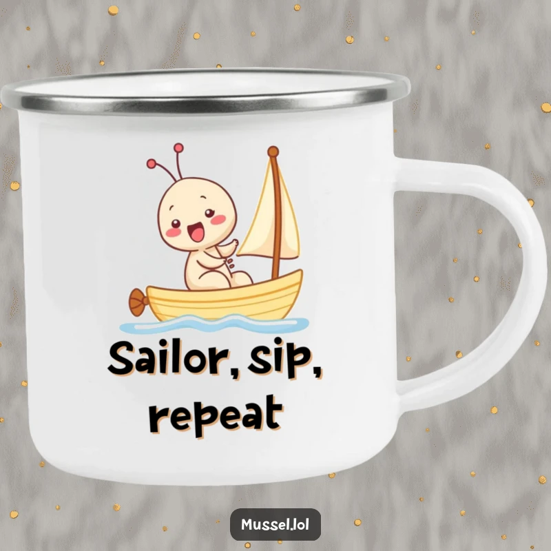 Funny Kawaii Mussel Camping Mug: A sturdy mug with a mussel sailing and giggling, perfect for outdoor adventures and humorous enjoyment.