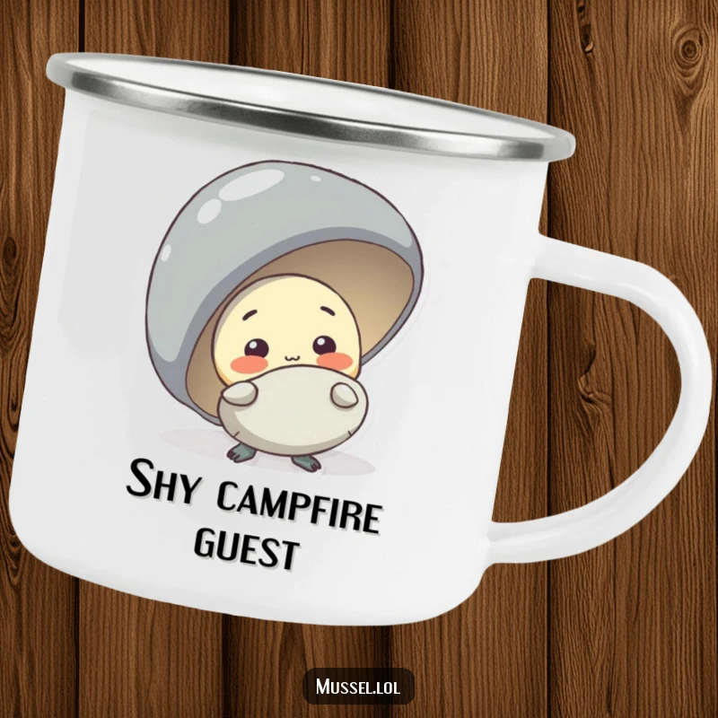 Funny shy mussel character peeking from behind a larger mussel, designed for a humorous camping mug.