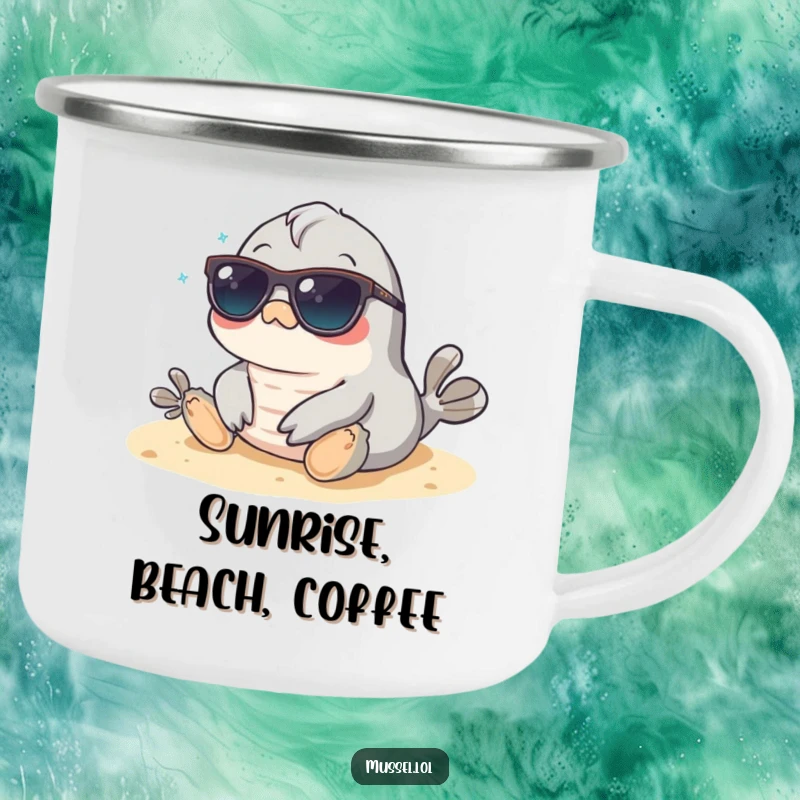 Funny Mussel Camping Mug: A mussel in sunglasses relaxes on a beach, designed for cool outdoor enjoyment, a perfect funny gift.