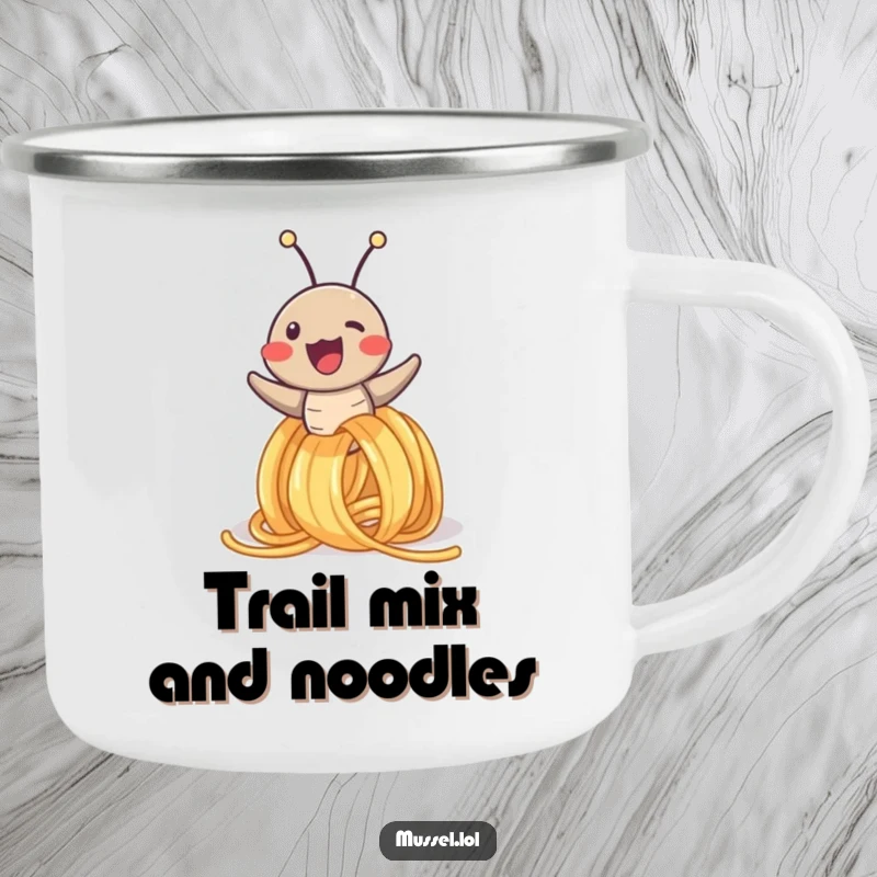 Funny camping mug featuring a happy mussel character sliding down a spaghetti noodle, ideal for outdoor adventures and campfire stories.
