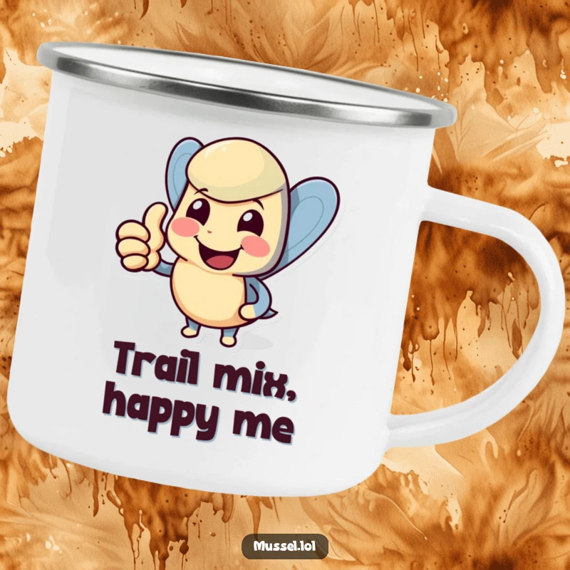 Funny mussel camping mug featuring a smiling character giving a thumbs up, designed for outdoor adventures.