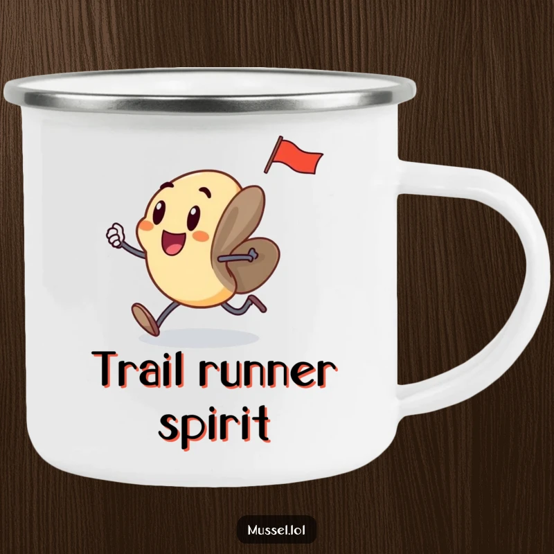Funny mussel with small legs, running excitedly with a flag, on a sturdy camping mug, ready for the great outdoors.