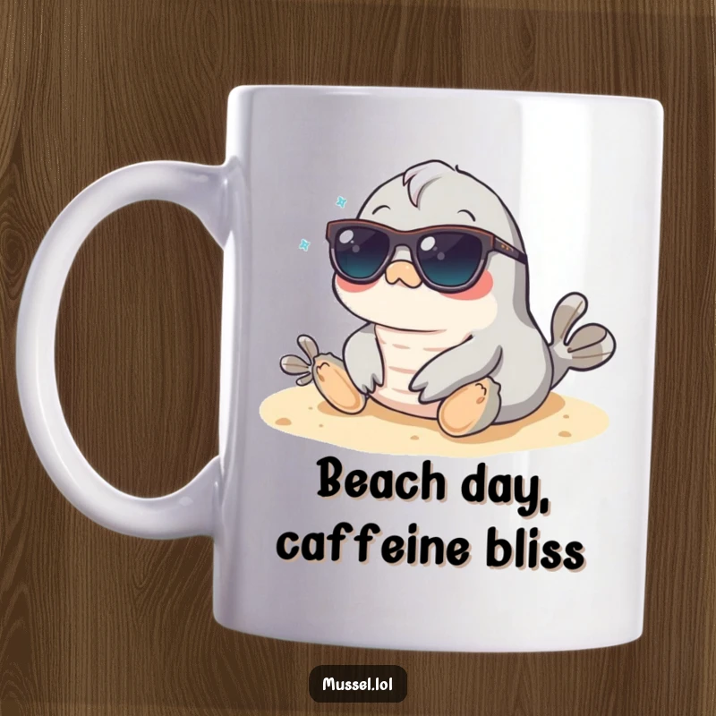 Funny Mussel Mug: A mussel wearing sunglasses relaxes on a sandy beach, embodying ultimate chill and vacation vibes.