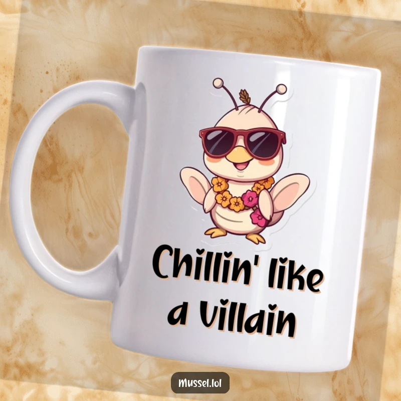 Funny Kawaii Mussel Mug: A cool mussel wearing sunglasses and a lei, looking utterly relaxed and ready for a vacation.