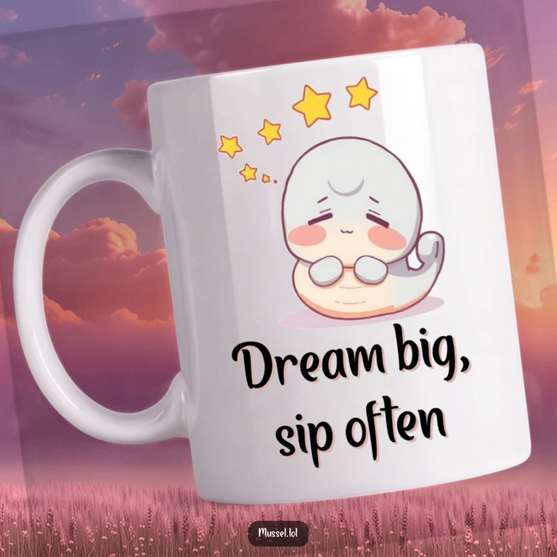Funny mussel mug featuring a character dreaming with stars floating above its head, whimsical and cute.