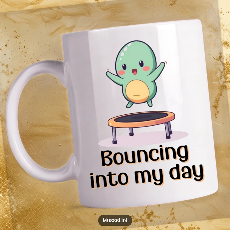 Funny mussel character happily bouncing on a small trampoline, depicted on a fun mug.