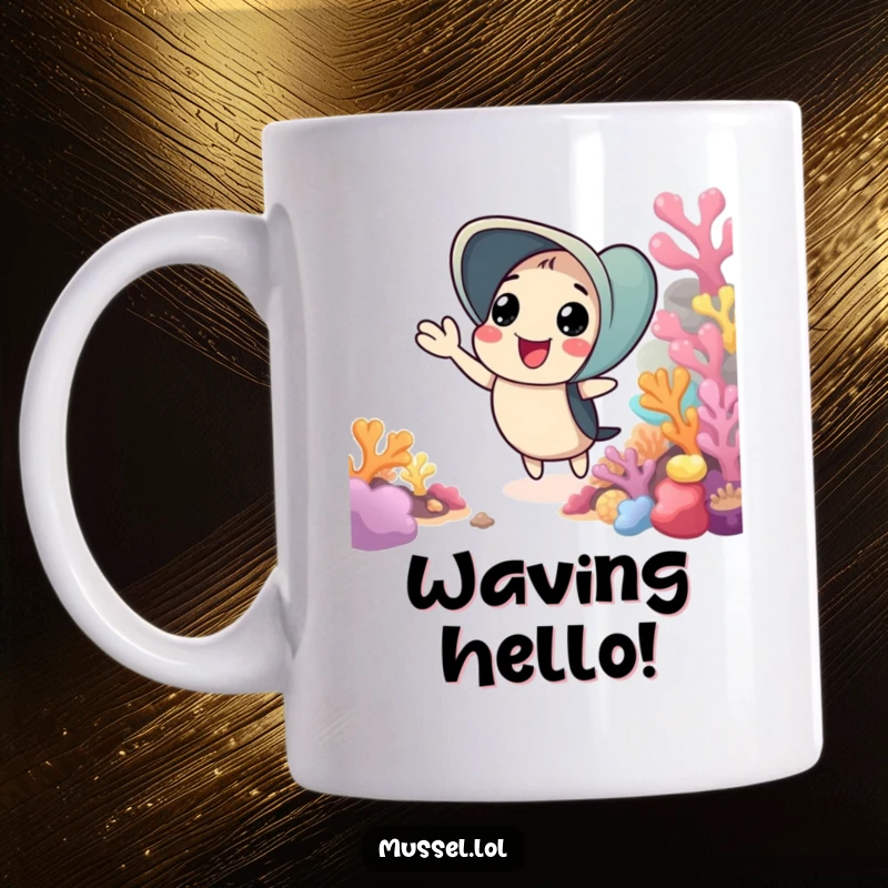 Funny mug featuring a mussel character cheerfully waving hello from amidst a colorful and lively coral reef.