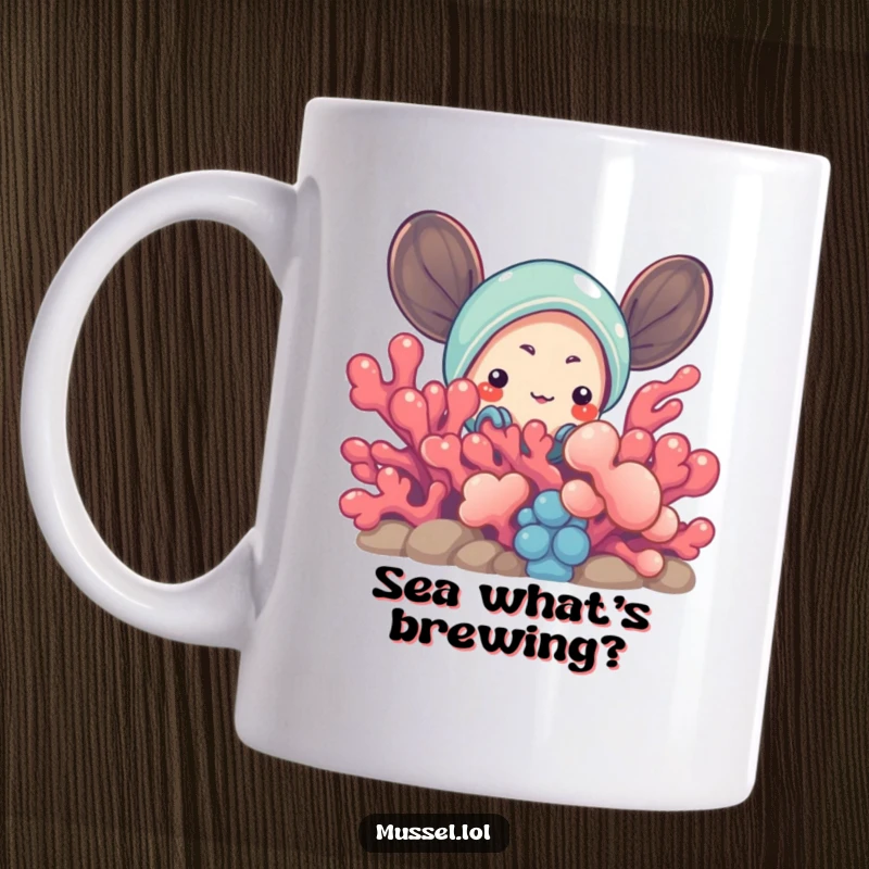 Funny Mussel Mug: A curious mussel character peeking playfully from behind colorful coral, showcasing its inquisitive and charming nature.