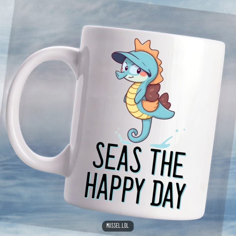 Funny Giggling Mussel Mug showing a mussel laughing heartily while riding a friendly blue seahorse through underwater currents, embodying pure delight.