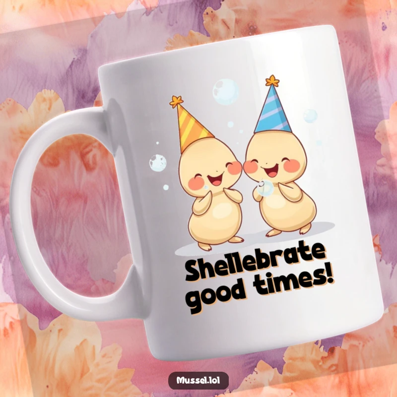 Funny mug featuring two chubby mussels wearing colorful party hats, holding shimmering bubbles, and giggling with joy.