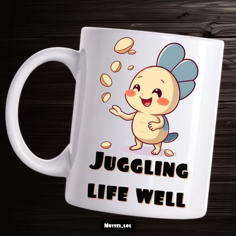 Funny Mussel Mug with a smiling mussel character enthusiastically juggling tiny seashells, a comical display of multi-tasking skill, a great funny gift.