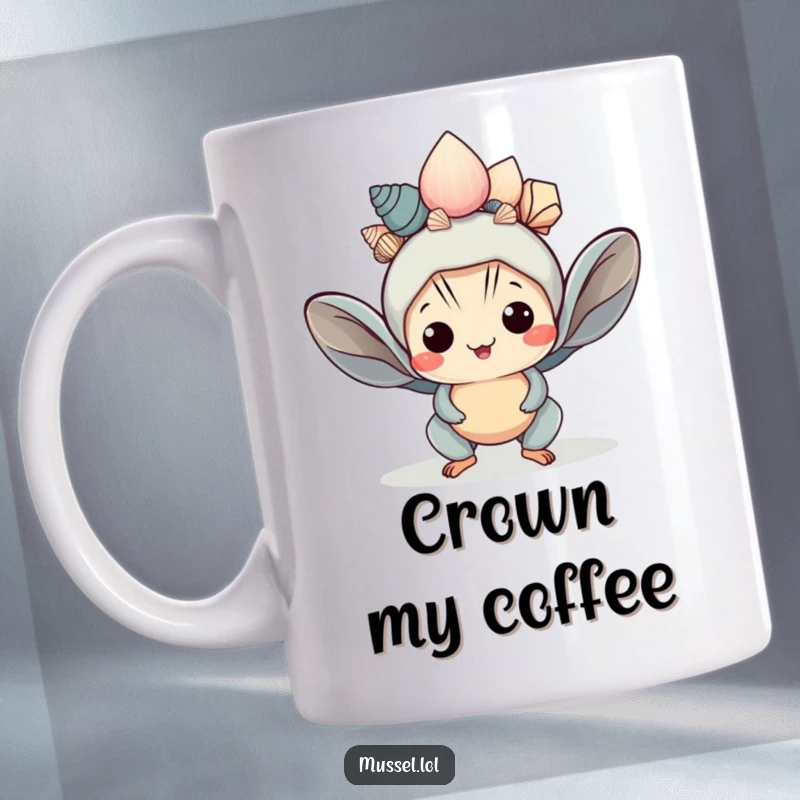 Funny Kawaii Mussel Mug: A cute mussel character balances seashells like a crown, exuding adorable regality.
