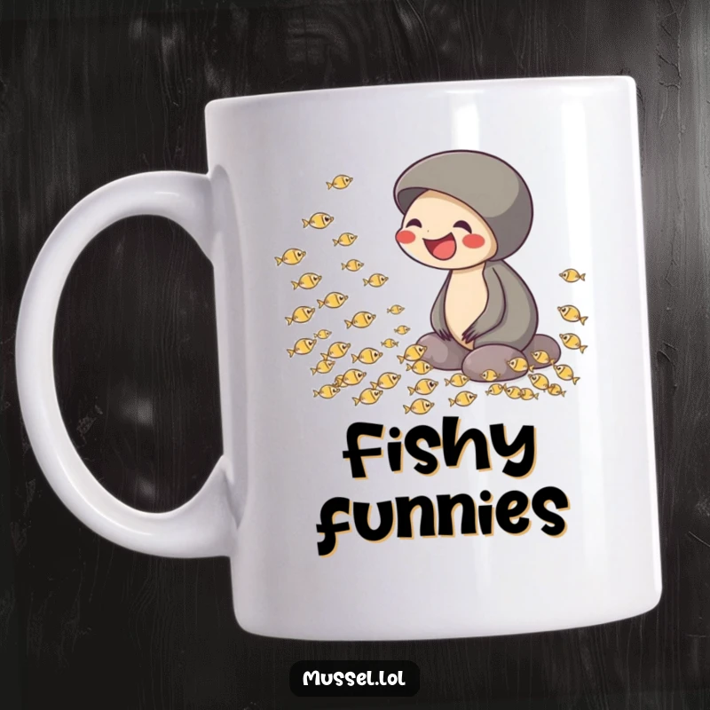 Funny mug featuring a mussel laughing heartily while watching a school of tiny fish swim playfully in a circle.