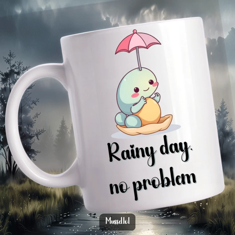 Funny Mussel Balancing Umbrella Mug: A charming mussel character precariously balancing a tiny umbrella on its shell, looking quite sophisticated.