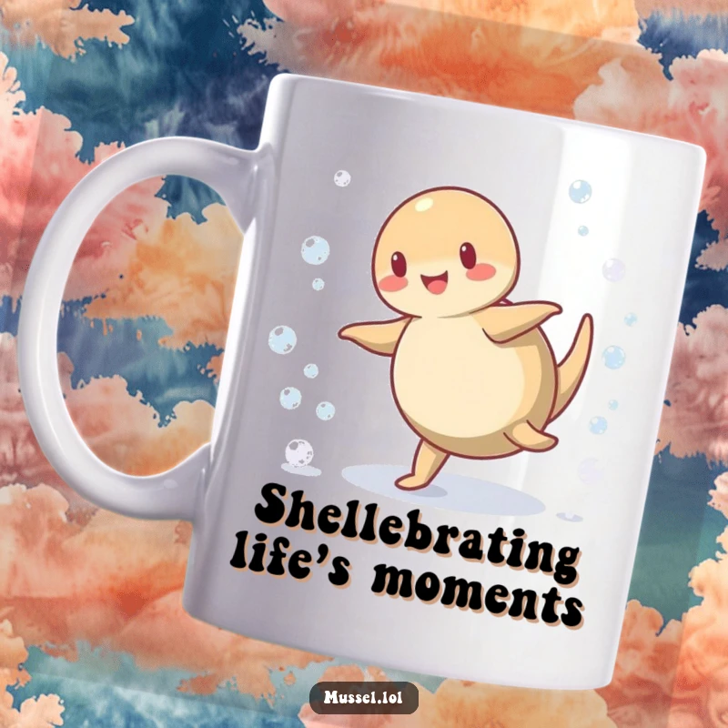 Funny Mussel Mug: A cheerful cartoon mussel doing a cartwheel, scattering tiny bubbles, radiating pure, unadulterated joy and silliness.